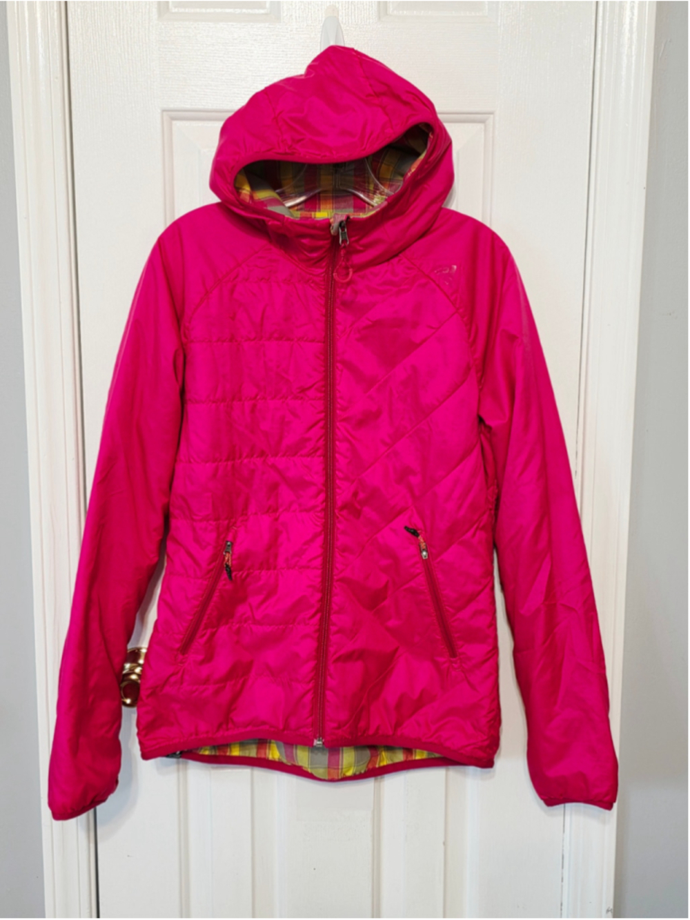 Women's Adidas Jacket Medium Pink Plaid Lined Hooded Coat double sided small